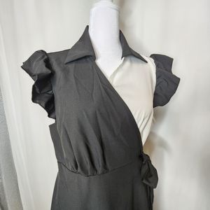 Skue Curve Sz 1XL Black & White Ruffle Sleeve Collar Neck Wrap Dress Tie Waist